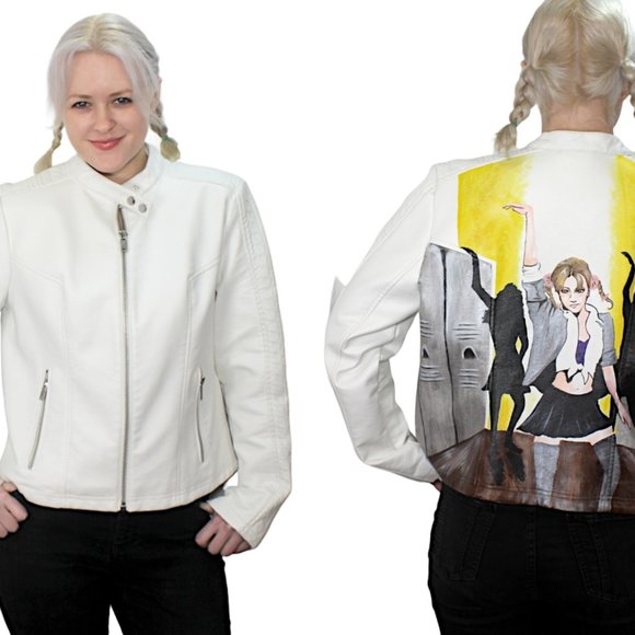 Britney Inspired Hand-Painted Faux Leather Jacket White Large - Picture 3 of 11